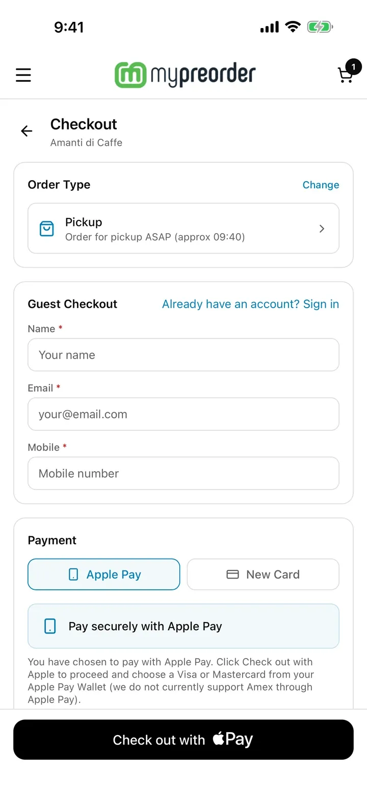 mypreorder checkout on an iPhone: pickup ASAP, paying with Apple Pay