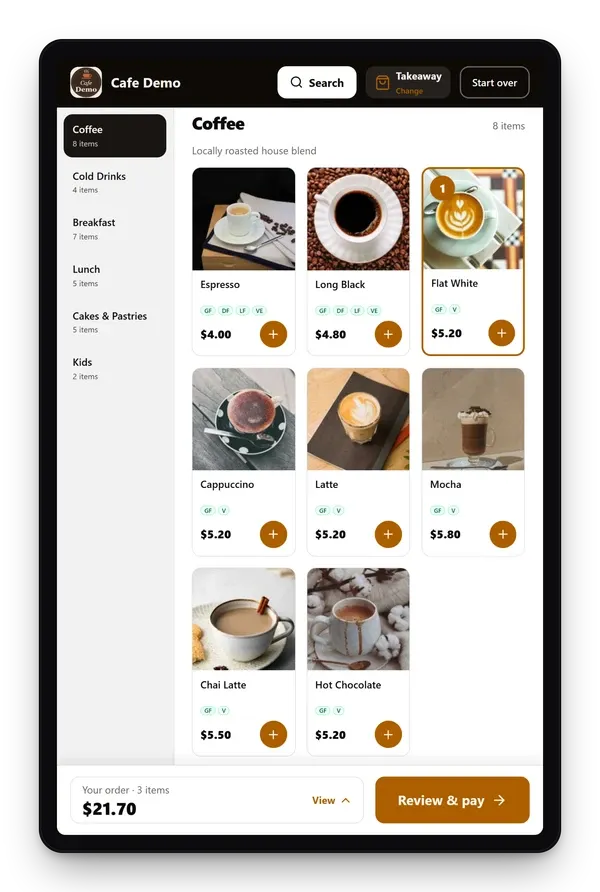 Self-ordering kiosk showing a cafe coffee menu