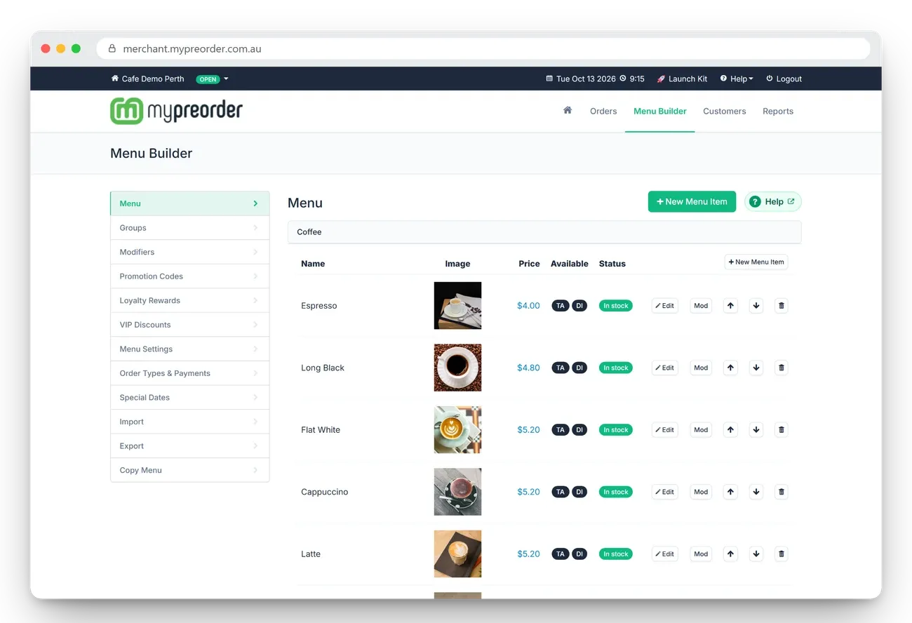 Menu Builder in the mypreorder merchant portal listing coffees with photos and prices