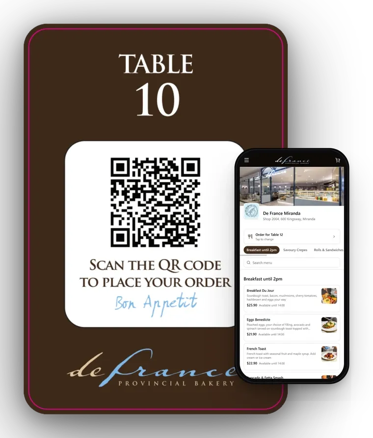 deFrance table card with a QR code beside a phone showing the dine-in menu